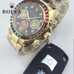 ROLEX-018 潮流商務男士三眼外圈鑲鑽藍寶石鏡面石英腕錶