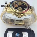 ROLEX-018 潮流商務男士三眼外圈鑲鑽藍寶石鏡面石英腕錶