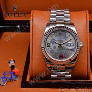 ROLEX-021-25 時尚商務女士日誌型銀色星星錶盤藍寶石鏡面鋼帶款腕錶