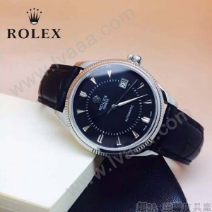 ROLEX-024-2 時尚男士切利尼系列黑色閃亮銀藍寶石鏡面 皮帶款腕錶