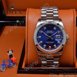 ROLEX-021-24 時尚商務男士日誌型藍色鑲鑽錶盤藍寶石鏡面鋼帶款腕錶