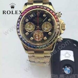 ROLEX-018 潮流商務男士三眼外圈鑲鑽藍寶石鏡面石英腕錶