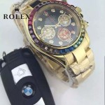 ROLEX-018 潮流商務男士三眼外圈鑲鑽藍寶石鏡面石英腕錶