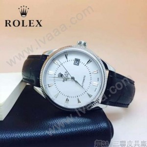 ROLEX-024-3 時尚男士切利尼系列黑色閃亮銀藍寶石鏡面 皮帶款腕錶