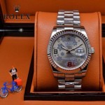 ROLEX-021-25 時尚商務女士日誌型銀色星星錶盤藍寶石鏡面鋼帶款腕錶