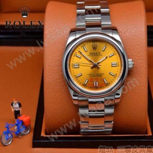 ROLEX-021-14 時尚商務男士日誌型黃色錶盤藍寶石鏡面鋼帶款腕錶