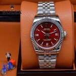 ROLEX-021-13 時尚商務男士日誌型紅色錶盤藍寶石鏡面鋼帶款腕錶