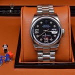 ROLEX-021-7 時尚商務男士日誌型黑色錶盤鑲鑽藍寶石鏡面鋼帶款腕錶