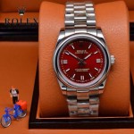 ROLEX-021-15 時尚商務男士日誌型紅色錶盤藍寶石鏡面鋼帶款腕錶