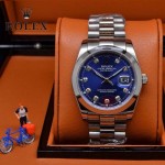 ROLEX-021-24 時尚商務男士日誌型藍色鑲鑽錶盤藍寶石鏡面鋼帶款腕錶