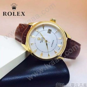 ROLEX-024 時尚男士切利尼系列褐色土豪金藍寶石鏡面 皮帶款腕錶