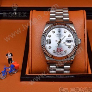ROLEX-021-6 時尚商務男士日誌型白色錶盤鑲鑽藍寶石鏡面鋼帶款腕錶