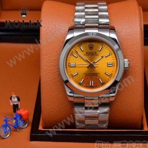 ROLEX-021-16 時尚商務男士日誌型黃色錶盤藍寶石鏡面鋼帶款腕錶