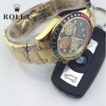 ROLEX-018 潮流商務男士三眼外圈鑲鑽藍寶石鏡面石英腕錶