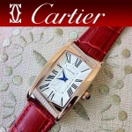 CARTIER-194 時尚潮流女士土豪金紅色長方形鑲鑽款皮帶腕錶