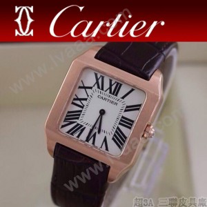 CARTIER-142 時尚新款男女款棕色杜蒙系列兩針設計藍寶石款腕錶