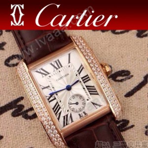 CARTIER-217 時尚人氣女士褐色土豪金邊框鑲鑽彩色皮帶款瑞士石英腕錶