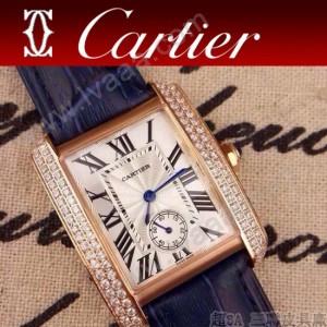 CARTIER-215 時尚人氣女士藍色土豪金邊框鑲鑽彩色皮帶款瑞士石英腕錶