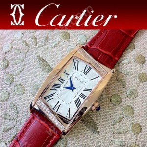 CARTIER-194 時尚潮流女士土豪金紅色長方形鑲鑽款皮帶腕錶