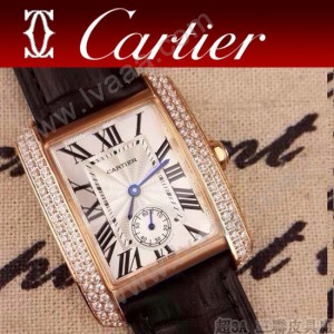 CARTIER-214 時尚人氣女士黑色土豪金邊框鑲鑽彩色皮帶款瑞士石英腕錶