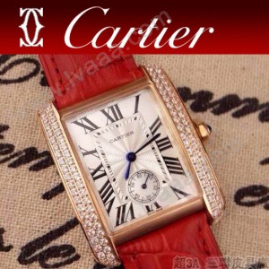 CARTIER-218 時尚人氣女士紅色土豪金邊框鑲鑽彩色皮帶款瑞士石英腕錶