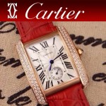 CARTIER-218 時尚人氣女士紅色土豪金邊框鑲鑽彩色皮帶款瑞士石英腕錶