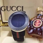GUCCI-045 潮流炫酷商務男士閃亮銀黑色皮帶款進口鋼化藍光玻璃電子手錶