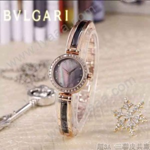 Bvlgari-49 人氣百搭新款土豪金黑底鑲鑽藍寶石鏡面鋼間陶瓷女士石英腕錶