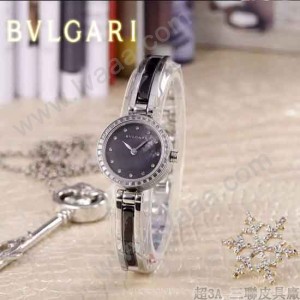 Bvlgari-47 人氣百搭新款閃亮銀黑底鑲鑽藍寶石鏡面鋼間陶瓷女士石英腕錶