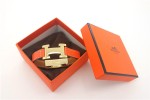 HERMES 00107 愛馬仕朋克鉚釘橙色平紋金面手鐲手帶