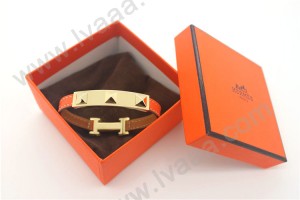 HERMES 00114 愛馬仕朋克鉚釘橙色十字紋金面手鐲手帶