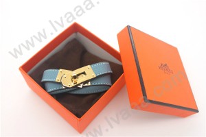 HERMES 00158 愛馬仕天藍色十字紋金扣雙圈手鐲手帶