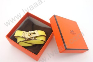 HERMES 00160 愛馬仕黃色十字紋金扣雙圈手鐲手帶