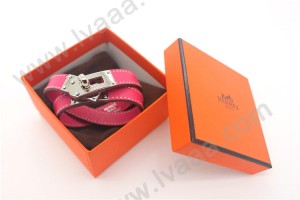 HERMES 00167 愛馬仕玫紅色十字紋銀扣雙圈手鐲手帶