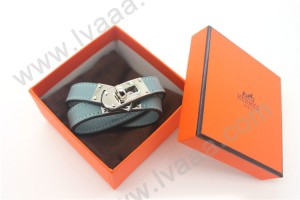 HERMES 00140 愛馬仕天藍色平紋銀扣雙圈手鐲手帶