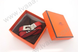HERMES 00170 愛馬仕紅色十字紋銀扣雙圈手鐲手帶