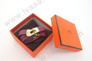 HERMES 00165 愛馬仕紫色十字紋金扣雙圈手鐲手帶