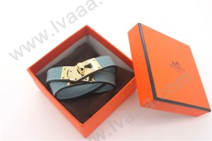 HERMES 00149 愛馬仕天藍色平紋金扣雙圈手鐲手帶
