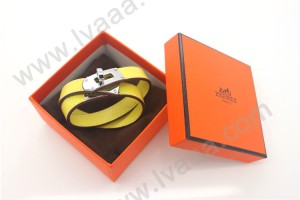 HERMES 00142 愛馬仕黃色平紋銀扣雙圈手鐲手帶