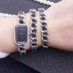 CHANEL-0084-2 潮流時尚最新鏈條設計黑色閃亮銀鑲鑽手鏈款石英腕錶
