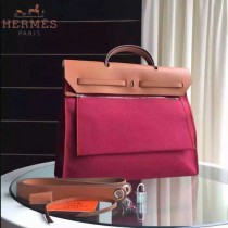 HERMES-0007-15 時尚新款herbag系列原單紅色帆布配土黃色牛皮大號手提單肩包