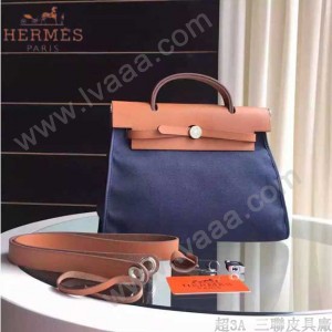 HERMES-0007-3 時尚新款herbag系列原單寶藍色帆布配土黃色牛皮大號手提單肩包