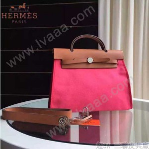 HERMES-0007-7 時尚新款herbag系列原單桃紅色帆布配土黃色牛皮大號手提單肩包