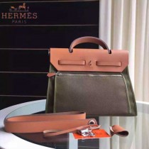 HERMES-0007-9 時尚新款herbag系列原單淺咖色帆布配土黃色牛皮大號手提單肩包