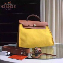 HERMES-0007-2 時尚新款herbag系列原單黃色帆布配土黃色牛皮大號手提單肩包