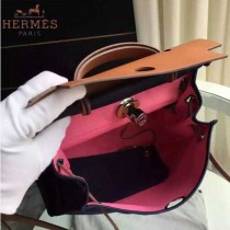 HERMES-0007-3 時尚新款herbag系列原單寶藍色帆布配土黃色牛皮大號手提單肩包