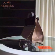 HERMES-0007-13 時尚新款herbag系列原單卡其色帆布配黑色牛皮大號手提單肩包