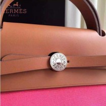 HERMES-0007-7 時尚新款herbag系列原單桃紅色帆布配土黃色牛皮大號手提單肩包