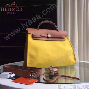 HERMES-0007-2 時尚新款herbag系列原單黃色帆布配土黃色牛皮大號手提單肩包