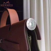 HERMES-0007-9 時尚新款herbag系列原單淺咖色帆布配土黃色牛皮大號手提單肩包